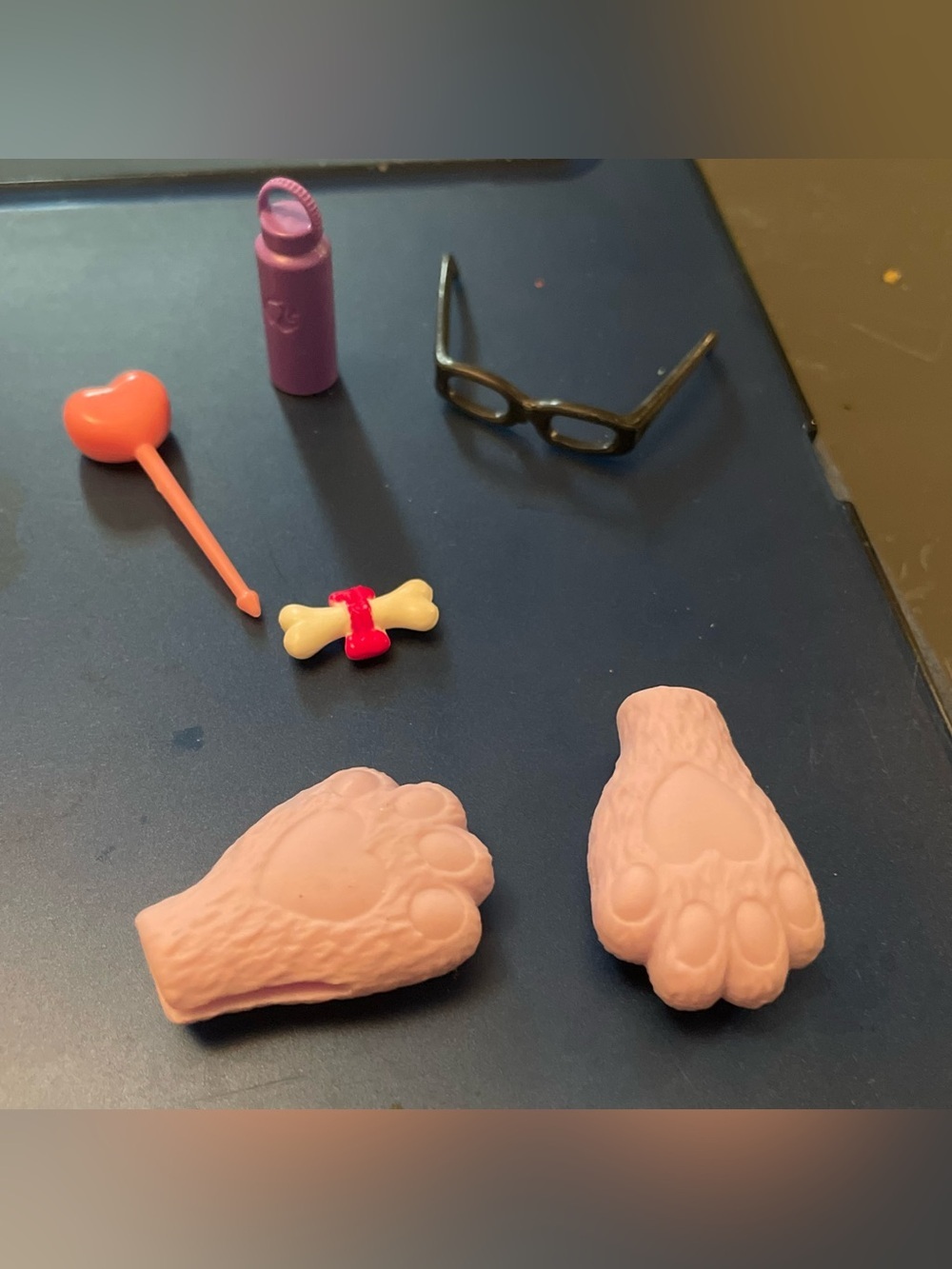 Doll accessories Barbie type doll trinkets glasses wand dog bone cat paws bottle